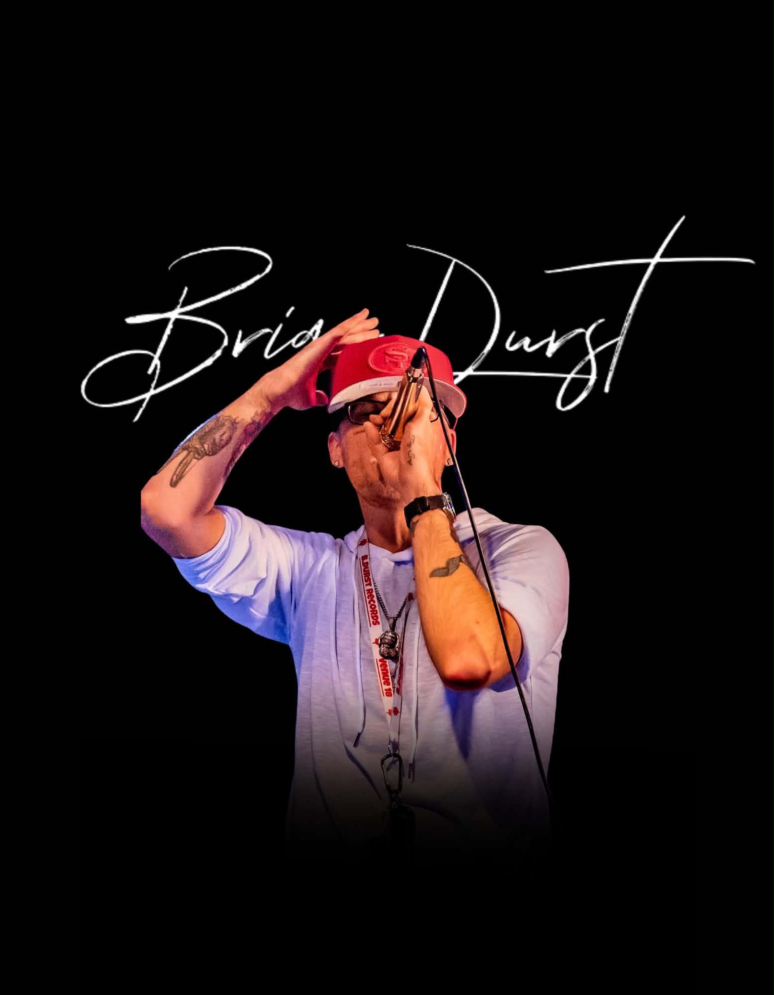 Brian Durst graphic image with red cap and white signature.